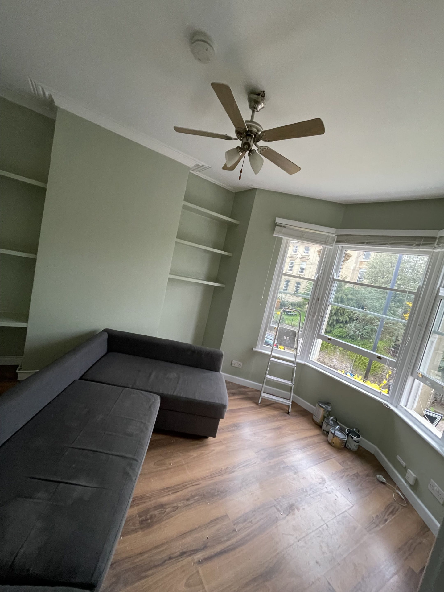 Living room repainted from beige to soft green after plastering